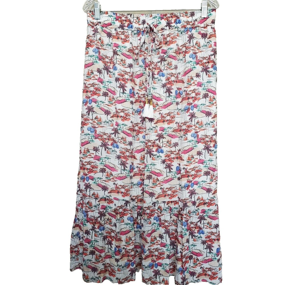 Nanette Lepore Crinkle Tropical Destination Print Tasseled Pull-On Maxi Skirt M